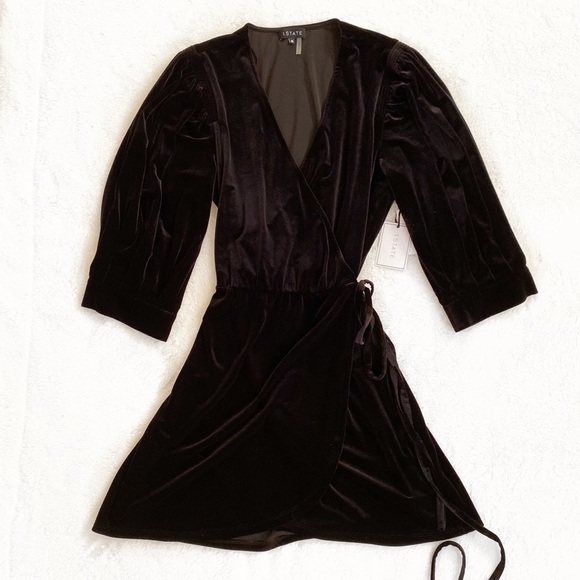 1. State Black Velvet Wrap V neck Dress - Picture 2 of 5